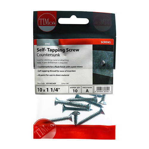 Timco Self-Tapping Screws - PZ - Countersunk - Zinc 10 x 1 1/4 - 10 Pieces