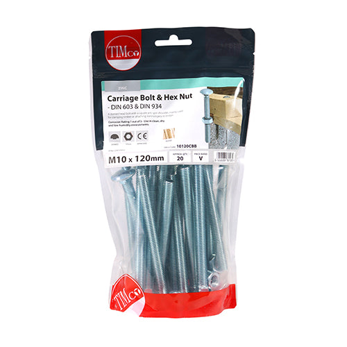 Timco Carriage Bolts & Hex Nuts - Zinc M10 x 120 - 20 Pieces