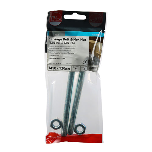 Timco Carriage Bolts & Hex Nuts - Zinc M10 x 120