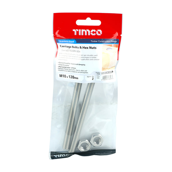 Timco Carriage Bolts & Hex Nuts - Stainless Steel M10 x 120