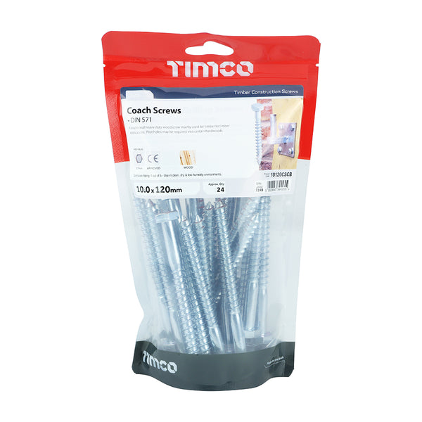 Timco Coach Screws - Hex - Zinc 10.0 x 120 - 24 Pieces