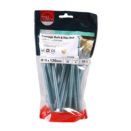 Timco Carriage Bolts & Hex Nuts - Zinc M10 x 130 - 20 Pieces