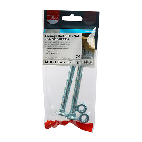 Timco Carriage Bolts & Hex Nuts - Zinc M10 x 130