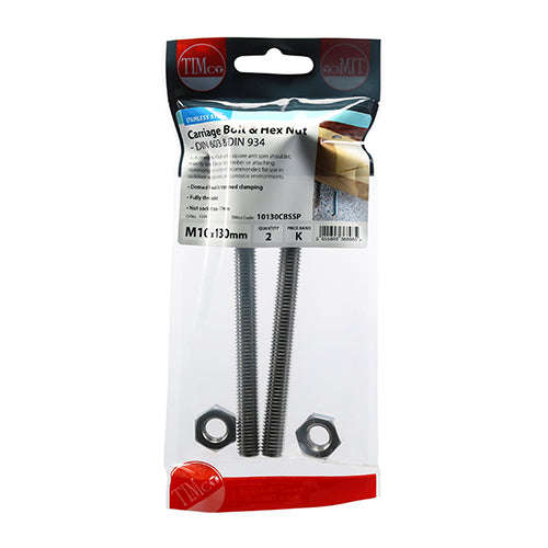 Timco Carriage Bolts & Hex Nuts - Stainless Steel M10 x 130