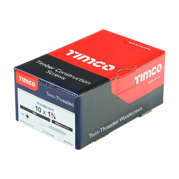 Timco Twin-Threaded Woodscrews - PZ - Double Countersunk - Zinc 10 x 1 3/4 - 200 Pieces