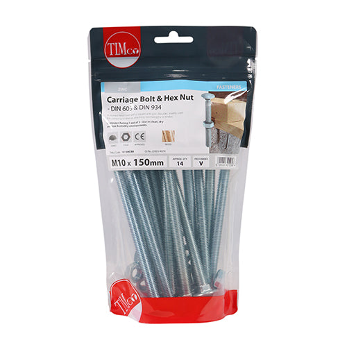 Timco Carriage Bolts & Hex Nuts - Zinc M10 x 150 - 14 Pieces