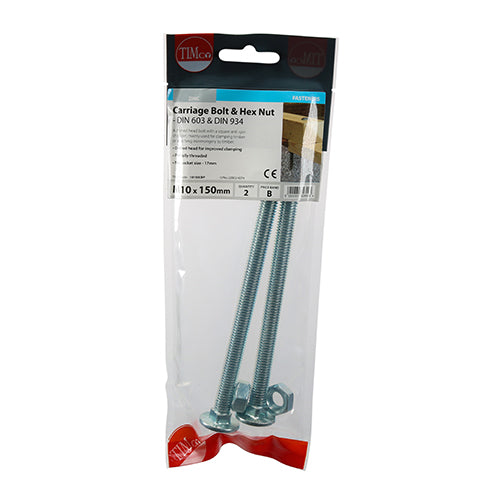 Timco Carriage Bolts & Hex Nuts - Zinc M10 x 150