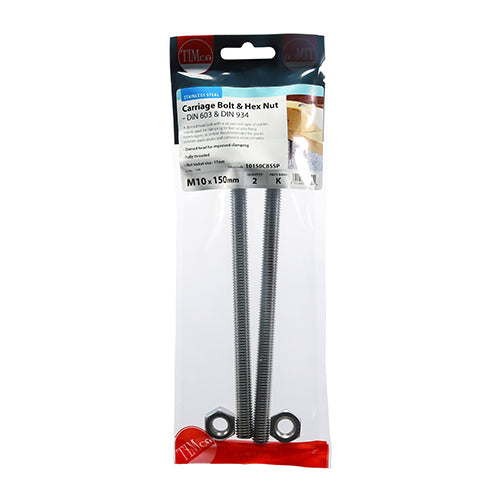 Timco Carriage Bolts & Hex Nuts - Stainless Steel M10 x 150