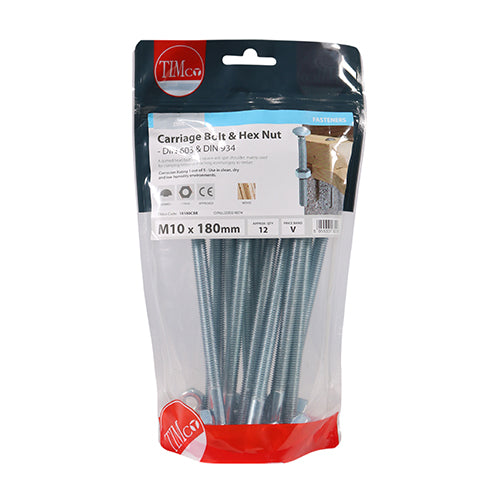 Timco Carriage Bolts & Hex Nuts - Zinc M10 x 180 - 12 Pieces
