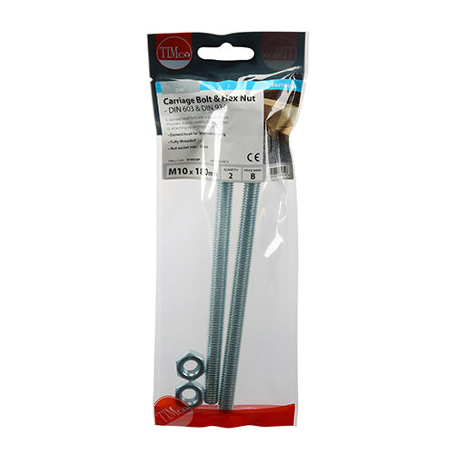 Timco Carriage Bolts & Hex Nuts - Zinc M10 x 180