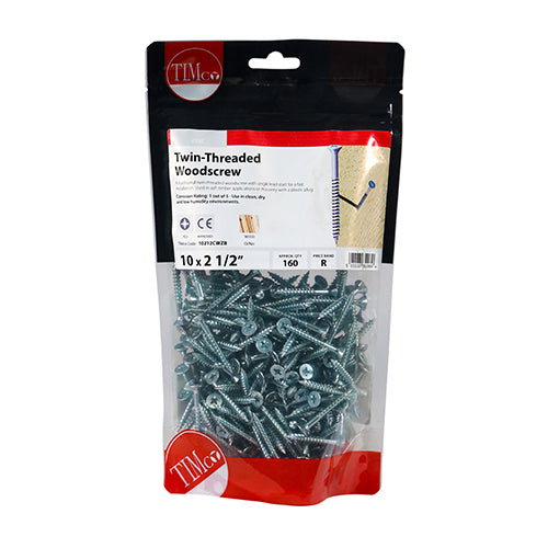Timco Twin-Thread Woodscrews - PZ - Double Countersunk - Zinc 10 x 2 1/2 - 160 Pieces