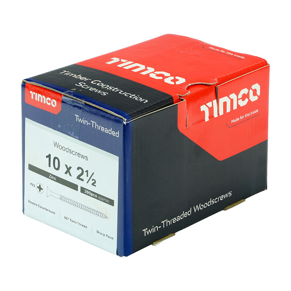 Timco Twin-Threaded Woodscrews - PZ - Double Countersunk - Zinc 10 x 2 1/2 - 200 Pieces