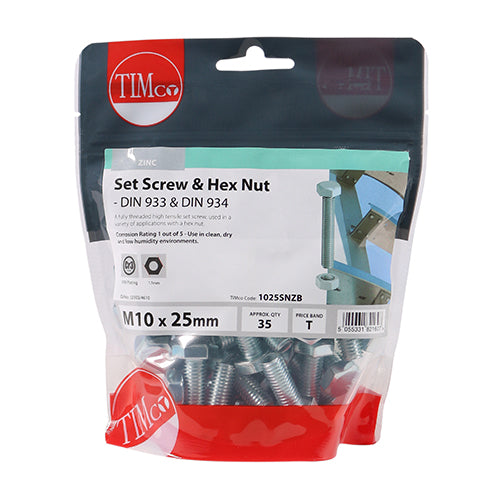 Timco Set Screws & Hex Nuts - Grade 8.8 - Zinc M10 x 25 - 35 Pieces