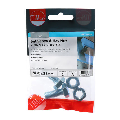 Timco Set Screws & Hex Nuts - Grade 8.8 - Zinc M10 x 25