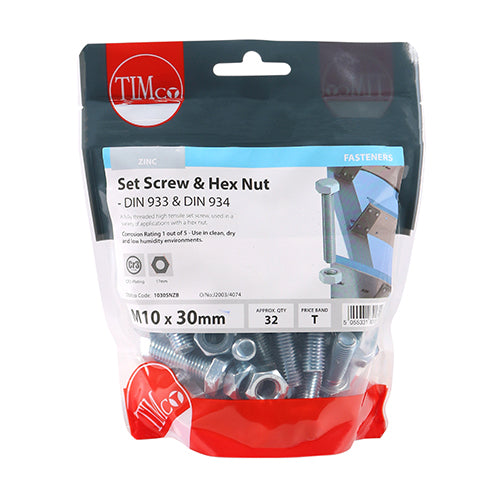 Timco Set Screws & Hex Nuts - Grade 8.8 - Zinc M10 x 30 - 32 Pieces