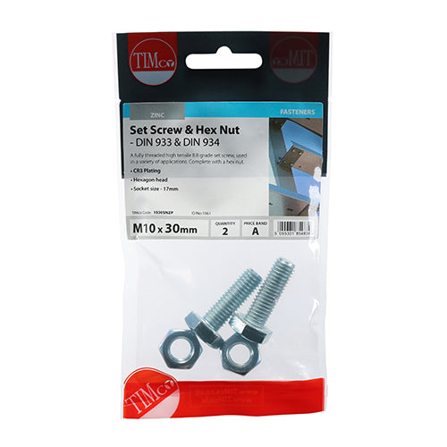 Timco Set Screws & Hex Nuts - Grade 8.8 - Zinc M10 x 30