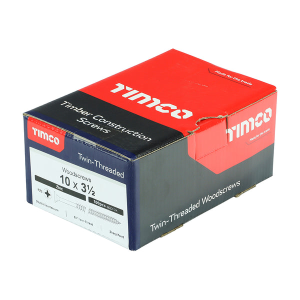 Timco Twin-Threaded Woodscrews - PZ - Double Countersunk - Zinc 10 x 3 1/2 - 100 Pieces
