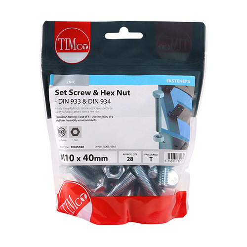 Timco Set Screws & Hex Nuts - Grade 8.8 - Zinc M10 x 40 - 28 Pieces