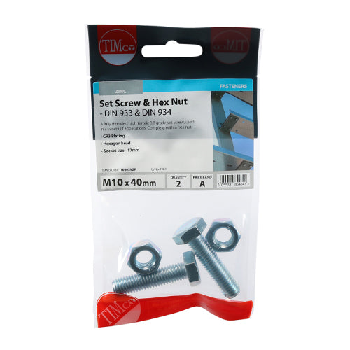 Timco Set Screws & Hex Nuts - Grade 8.8 - Zinc M10 x 40