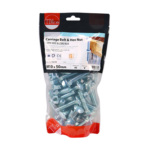 Timco Carriage Bolts & Hex Nuts - Zinc M10 x 50 - 45 Pieces