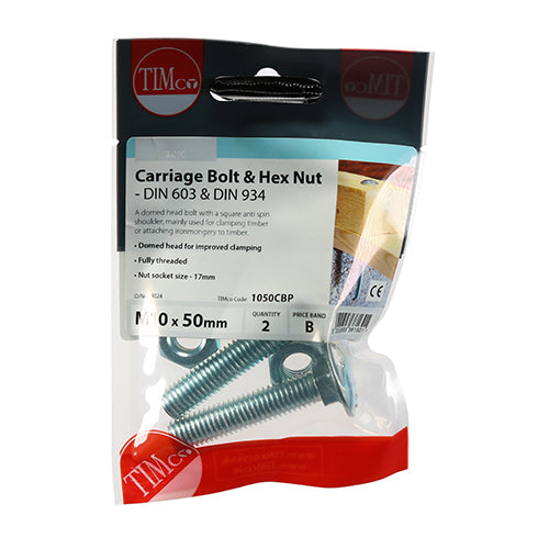Timco Carriage Bolts & Hex Nuts - Zinc M10 x 50