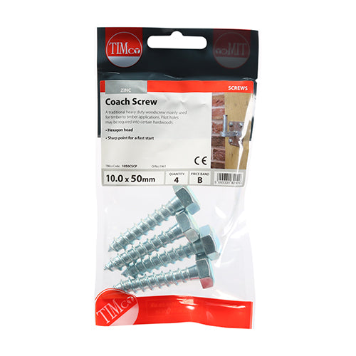 Timco Coach Screws - Hex - Zinc 10.0 x 50 - 4 Pieces