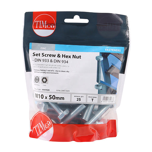 Timco Set Screws & Hex Nuts - Grade 8.8 - Zinc M10 x 50 - 25 Pieces