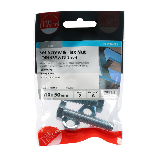 Timco Set Screws & Hex Nuts - Grade 8.8 - Zinc M10 x 50