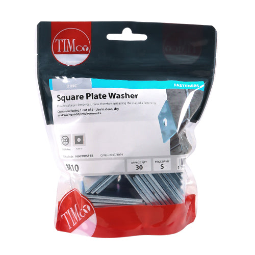 Timco Square Plate Washers - Zinc M10 x 50 x 50 x 3 - 30 Pieces