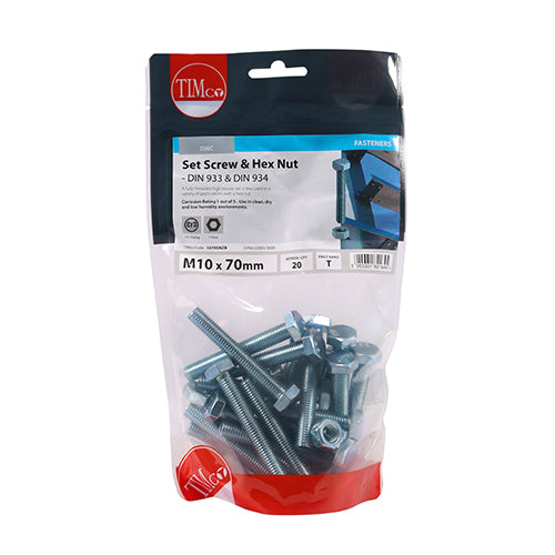 Timco Set Screws & Hex Nuts - Grade 8.8 - Zinc M10 x 70 - 20 Pieces