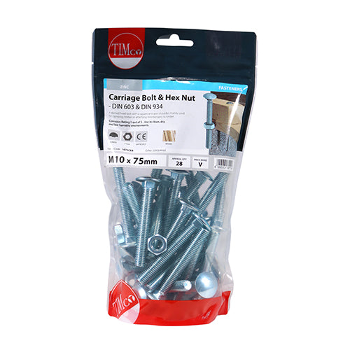 Timco Carriage Bolts & Hex Nuts - Zinc M10 x 75 - 28 Pieces