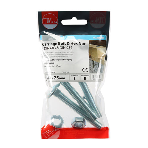 Timco Carriage Bolts & Hex Nuts - Zinc M10 x 75 - 3 Pieces