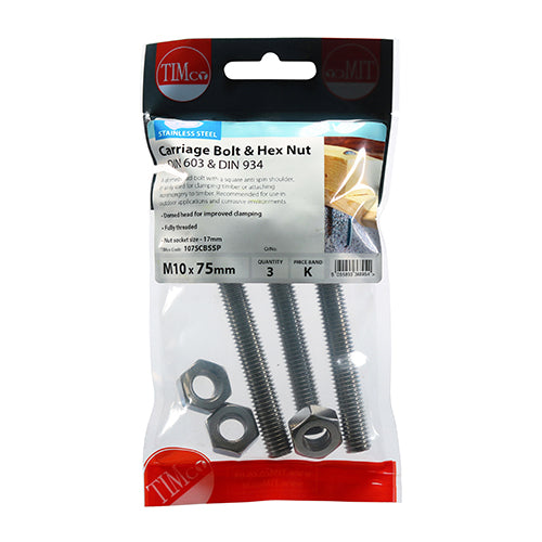 Timco Carriage Bolts & Hex Nuts - Stainless Steel M10 x 75 - 3 Pieces