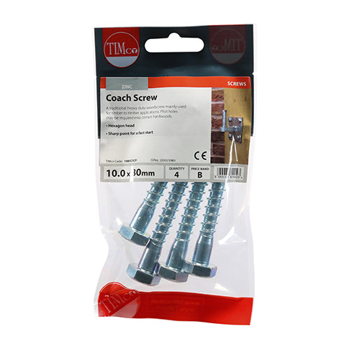 Timco Coach Screws - Hex - Zinc 10.0 x 80 - 4 Pieces