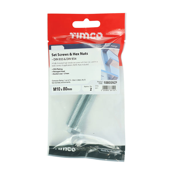 Timco Set Screws & Hex Nuts - Grade 8.8 - Zinc M10 x 80