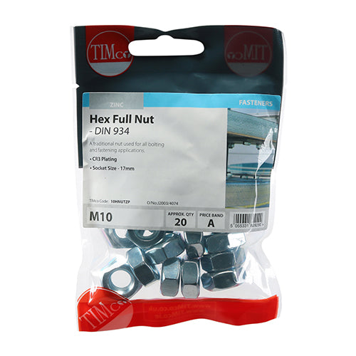 Timco Hex Full Nuts - Zinc M10 - 20 Pieces