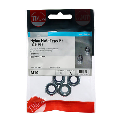 Timco Nylon Nuts - Type P - Zinc M10 - 4 Pieces