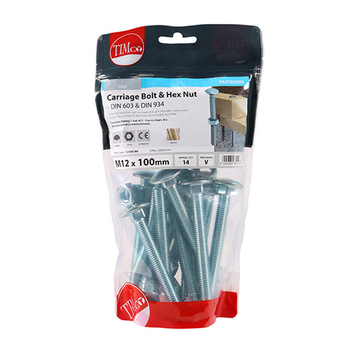 Timco Carriage Bolts & Hex Nuts - Zinc M12 x 100 - 14 Pieces
