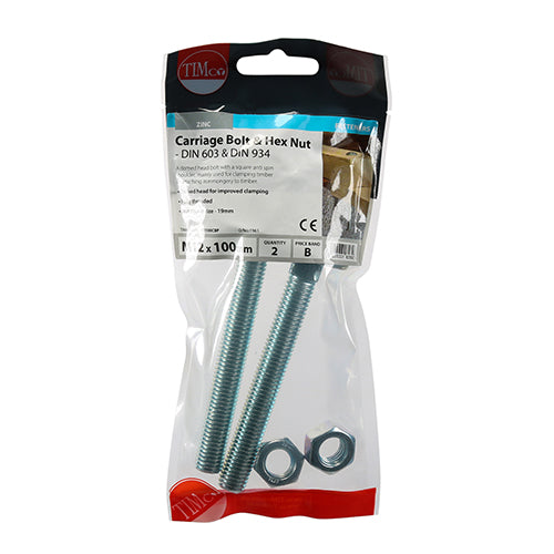Timco Carriage Bolts & Hex Nuts - Zinc M12 x 100