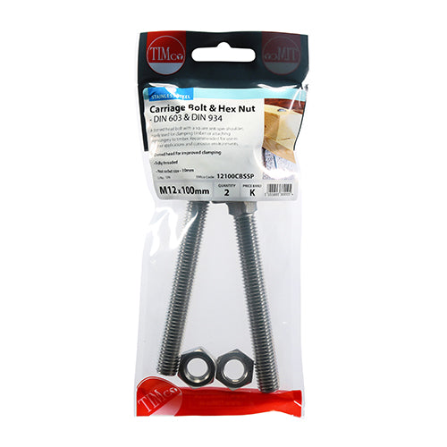 Timco Carriage Bolts & Hex Nuts - Stainless Steel M12 x 100