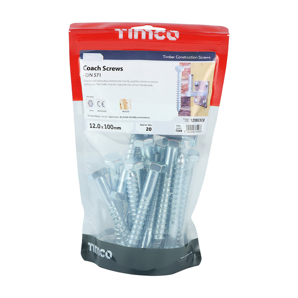 Timco Coach Screws - Hex - Zinc 12.0 x 100 - 20 Pieces