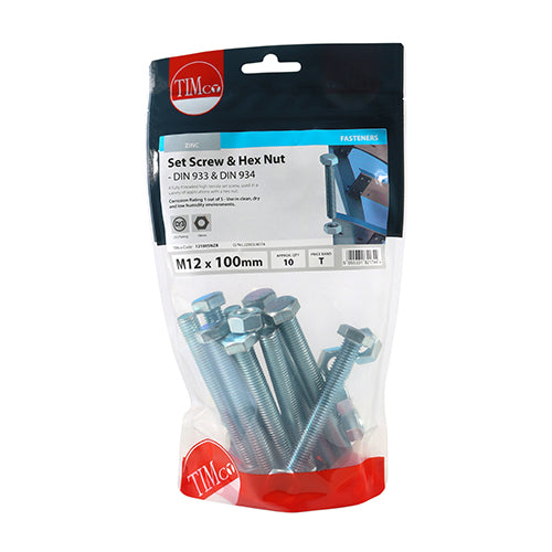 Timco Set Screws & Hex Nuts - Grade 8.8 - Zinc M12 x 100 - 10 Pieces