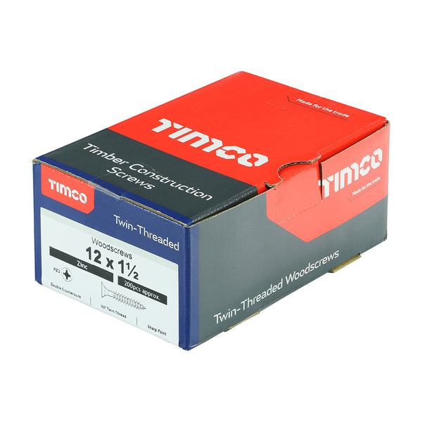 Timco Twin-Threaded Woodscrews - PZ - Double Countersunk - Zinc 12 x 1 1/2 - 200 Pieces
