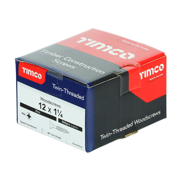 Timco Twin-Threaded Woodscrews - PZ - Double Countersunk - Zinc 12 x 1 1/4 - 200 Pieces