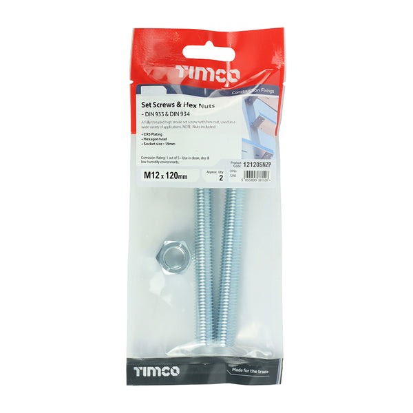 Timco Set Screws & Hex Nuts - Grade 8.8 - Zinc M12 x 120