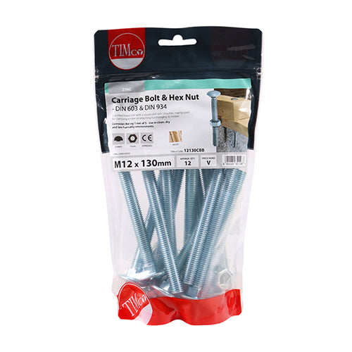 Timco Carriage Bolts & Hex Nuts - Zinc M12 x 130 - 12 Pieces