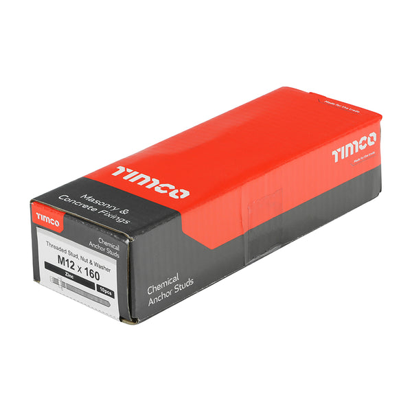 Timco Chemical Anchor Threaded Studs, Nuts & Washers - Zinc M12 x 160 - 10 Pieces