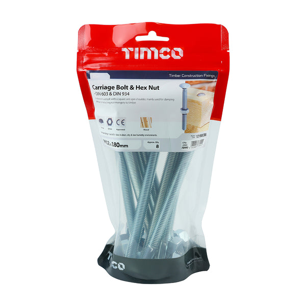 Timco Carriage Bolts & Hex Nuts - Zinc M12 x 180 - 8 Pieces