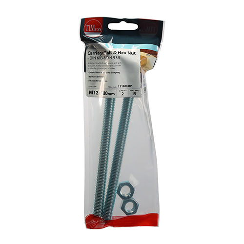 Timco Carriage Bolts & Hex Nuts - Zinc M12 x 180
