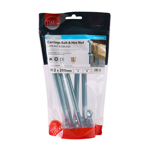 Timco Carriage Bolts & Hex Nuts - Zinc M12 x 200 - 5 Pieces